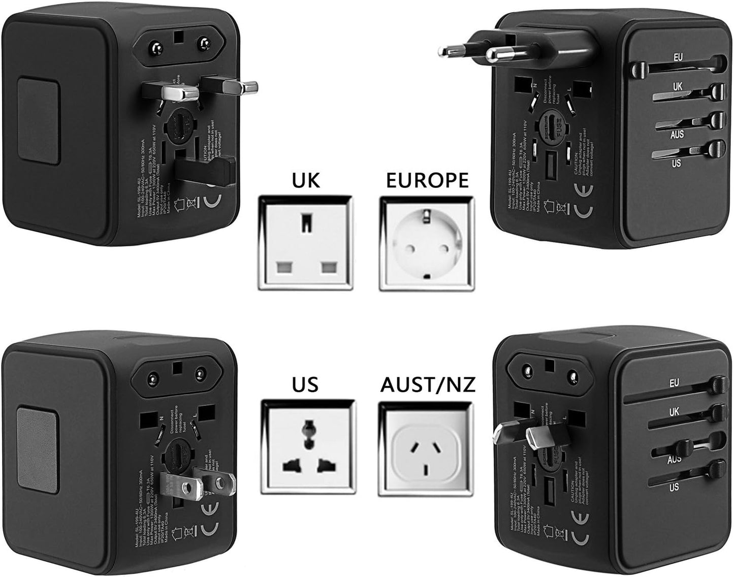 International Travel Adapter Universal Power 4 USB Wall Charger AC Wall Outlet Plugs Converter for US, EU, UK, AU European 160 Countries (Black)