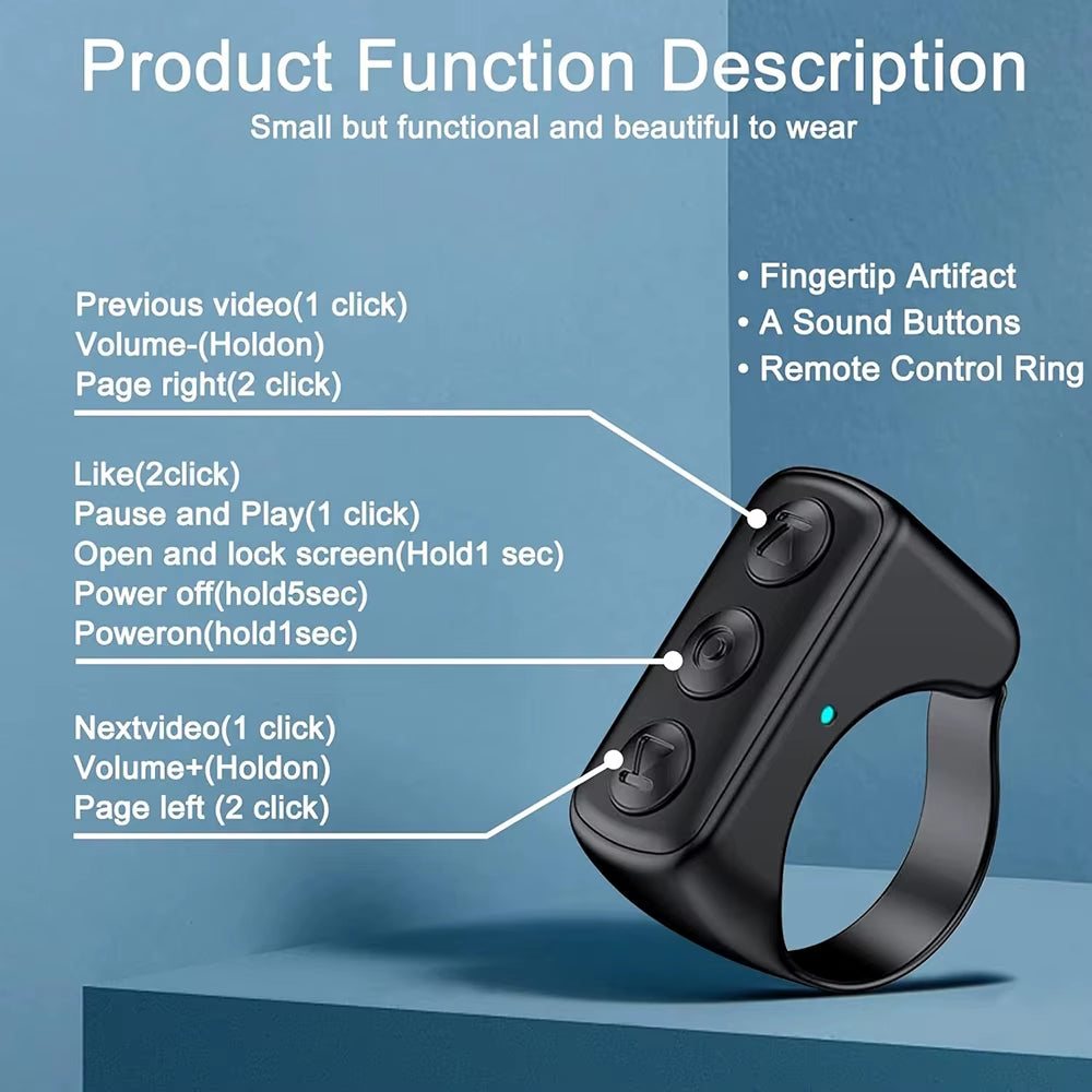Phone Remote Control Page Turner Bluetooth Compatible Scrolling Ring for Tiktok Kindle App Phone Video Recording Controller