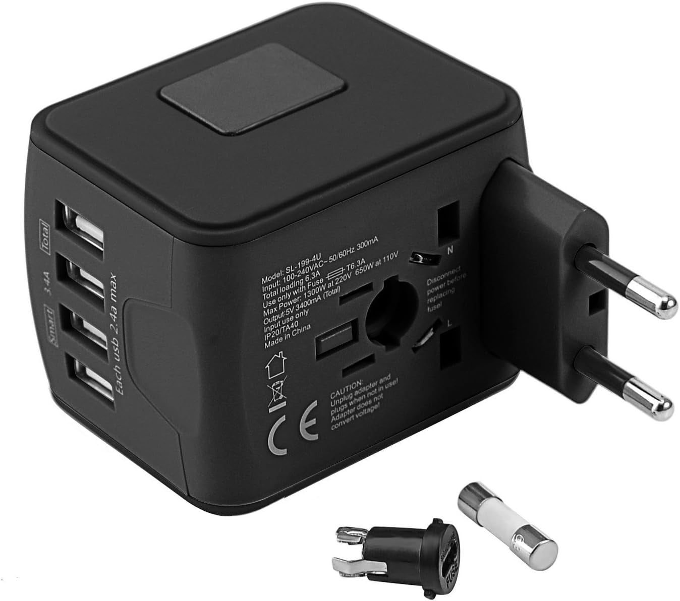 International Travel Adapter Universal Power 4 USB Wall Charger AC Wall Outlet Plugs Converter for US, EU, UK, AU European 160 Countries (Black)
