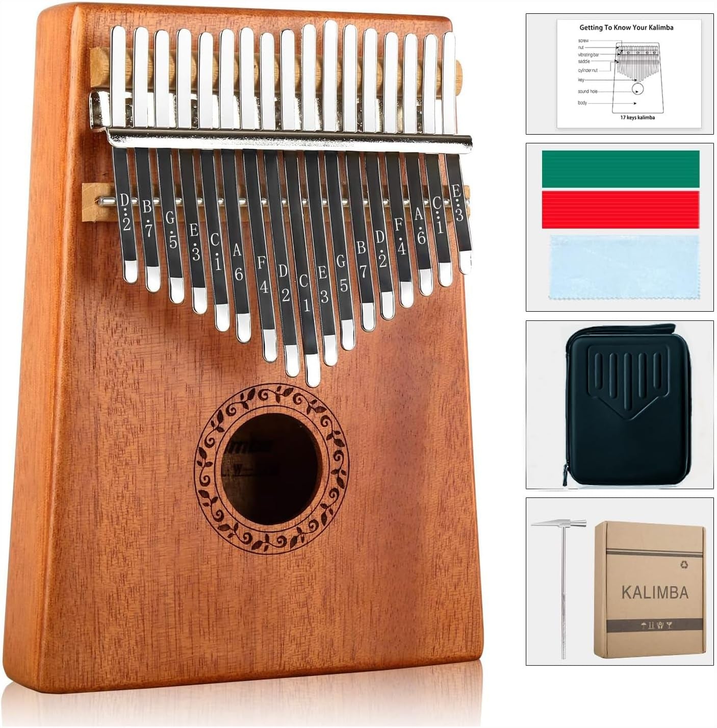 Kalimba 17 Keys Thumb Piano with Hard Case Study Instruction and Tune Hammer, Portable Mbira Sanza African Wood Finger Piano, Gift for Kids Adult Beginners Professional (Brown with Hard Case)