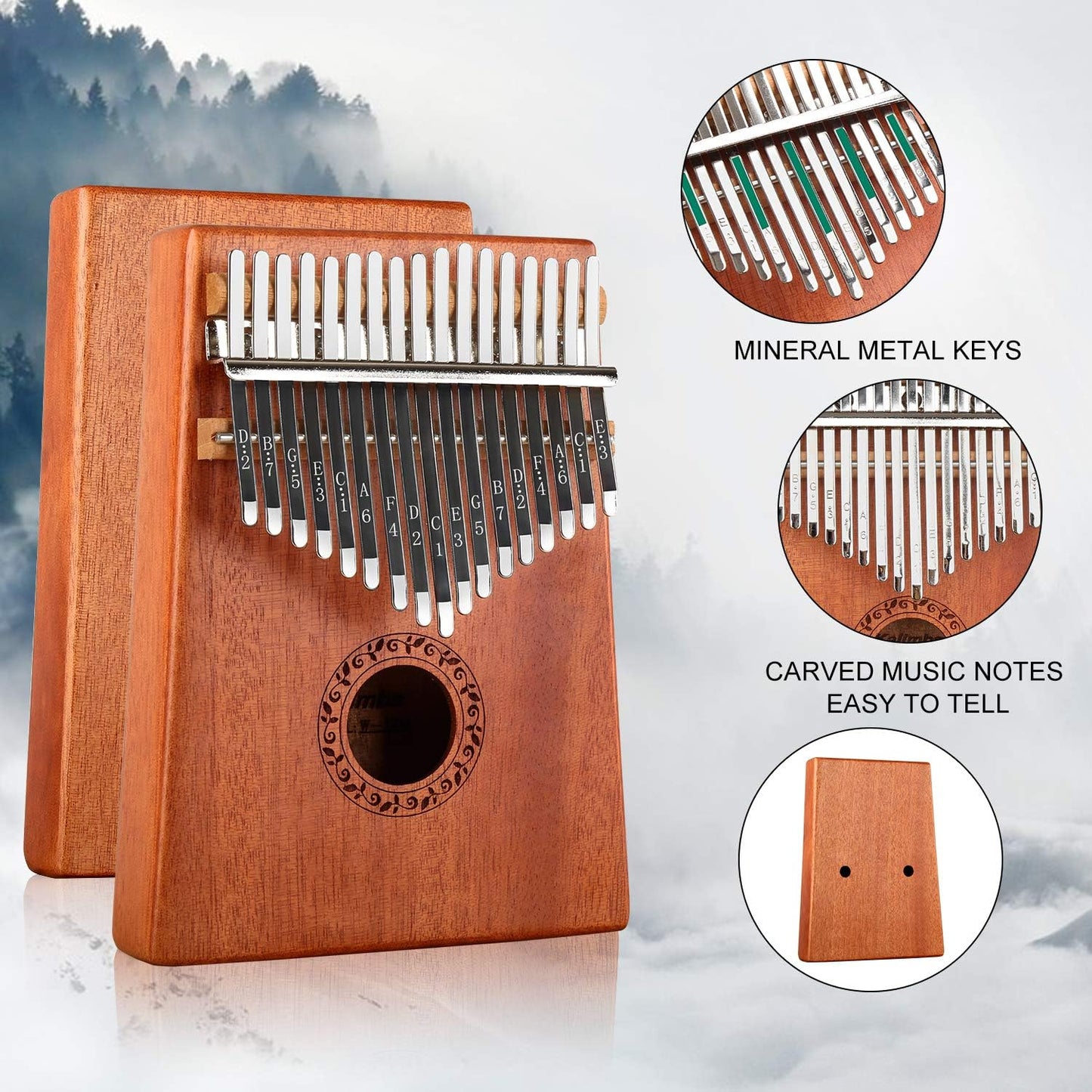 Kalimba 17 Keys Thumb Piano with Hard Case Study Instruction and Tune Hammer, Portable Mbira Sanza African Wood Finger Piano, Gift for Kids Adult Beginners Professional (Brown with Hard Case)