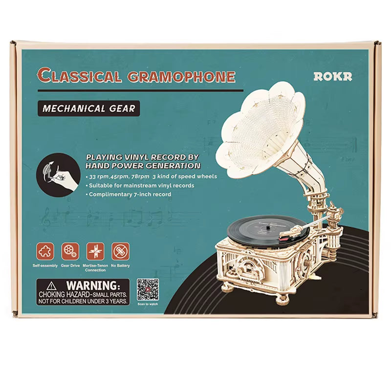 Hand Crank Classic Gramophone with Music 1:1 424Pcs Wooden Model Building Kits Gift for Children Adult LKB01 Home Decor