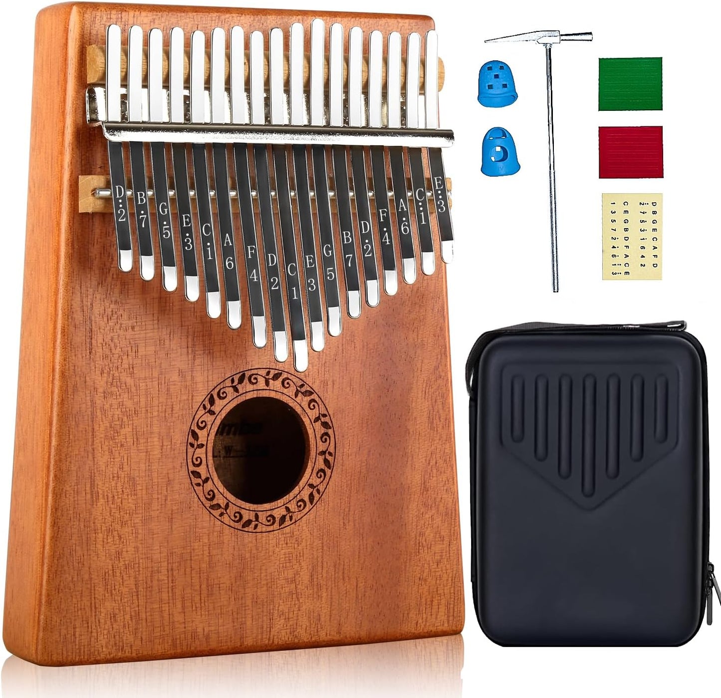 Kalimba 17 Keys Thumb Piano with Hard Case Study Instruction and Tune Hammer, Portable Mbira Sanza African Wood Finger Piano, Gift for Kids Adult Beginners Professional (Brown with Hard Case)