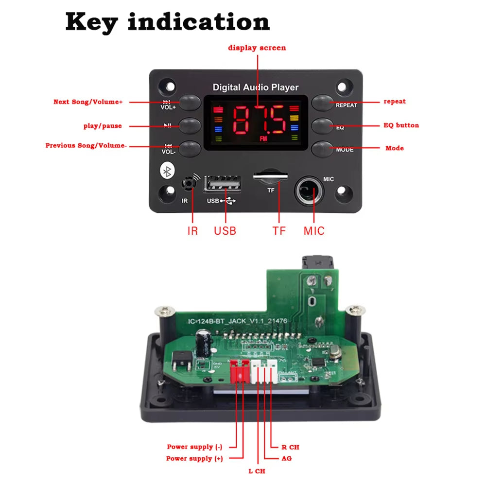DC 5V 12V Bluetooth 5.0 MP3 WMA WAV APE Decoder Board Hands-Free Car Audio Microphone USB TF FM Radio Mp3 Music Player Speaker