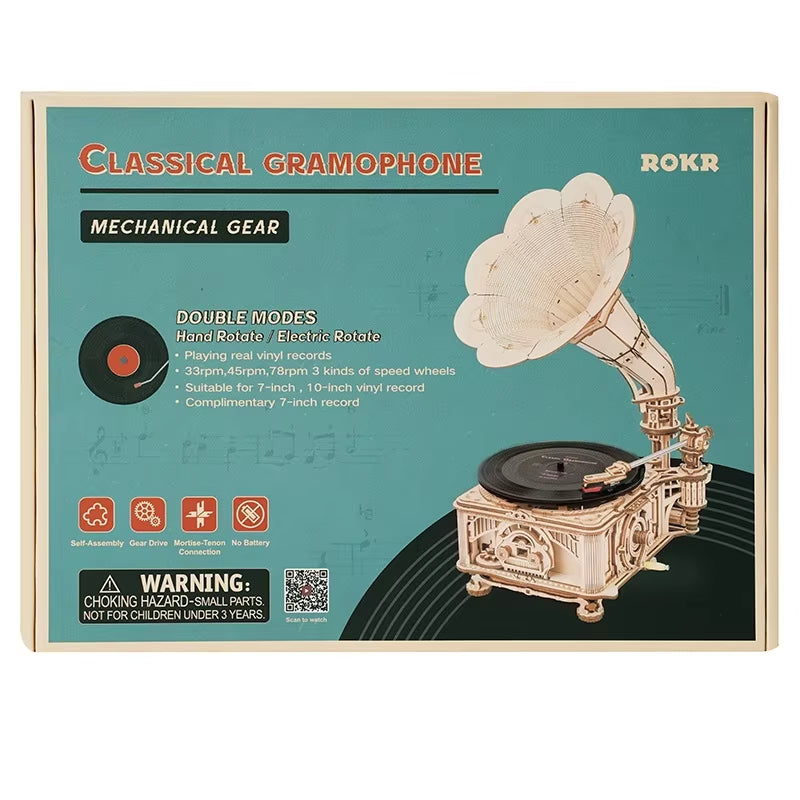 Hand Crank Classic Gramophone with Music 1:1 424Pcs Wooden Model Building Kits Gift for Children Adult LKB01 Home Decor