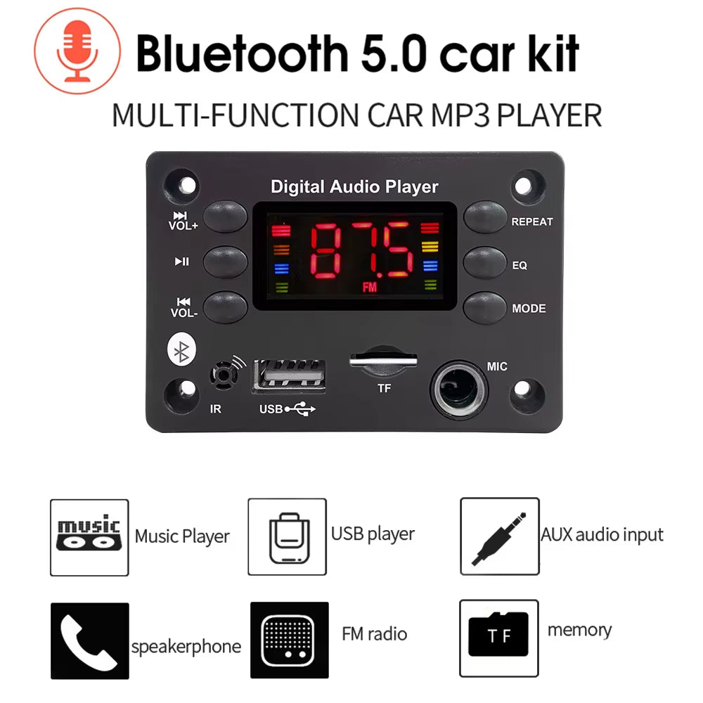 DC 5V 12V Bluetooth 5.0 MP3 WMA WAV APE Decoder Board Hands-Free Car Audio Microphone USB TF FM Radio Mp3 Music Player Speaker