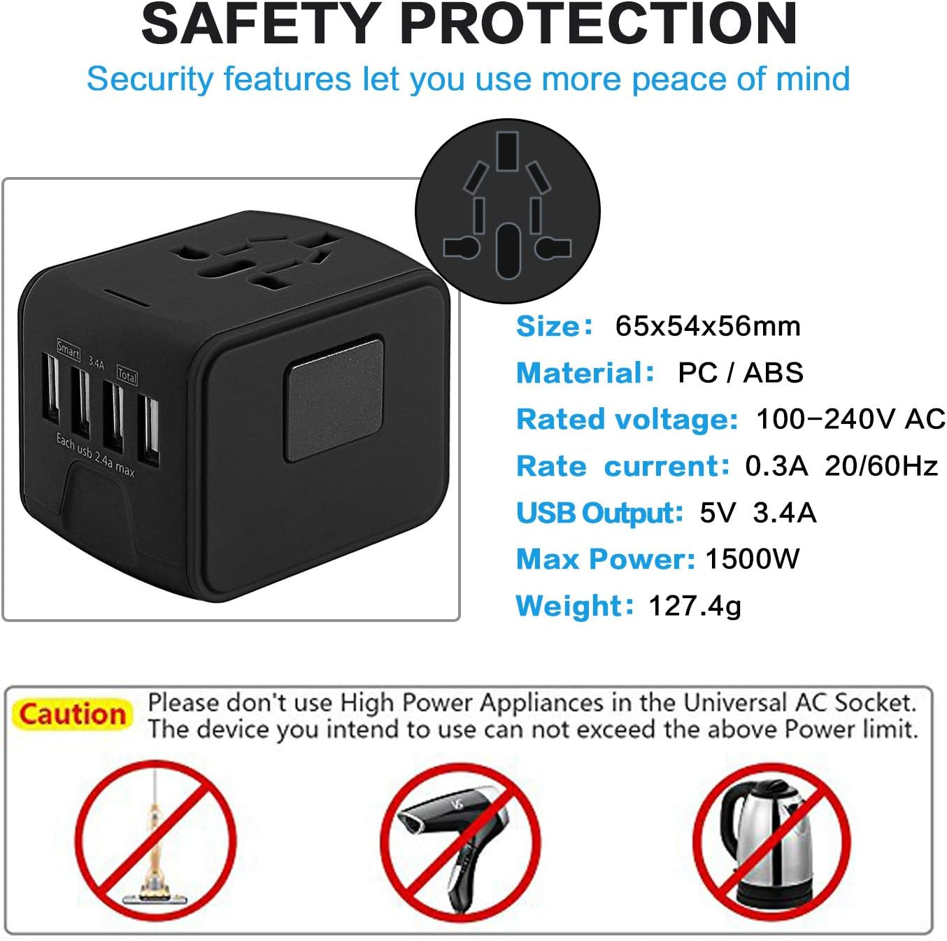 International Travel Adapter Universal Power 4 USB Wall Charger AC Wall Outlet Plugs Converter for US, EU, UK, AU European 160 Countries (Black)