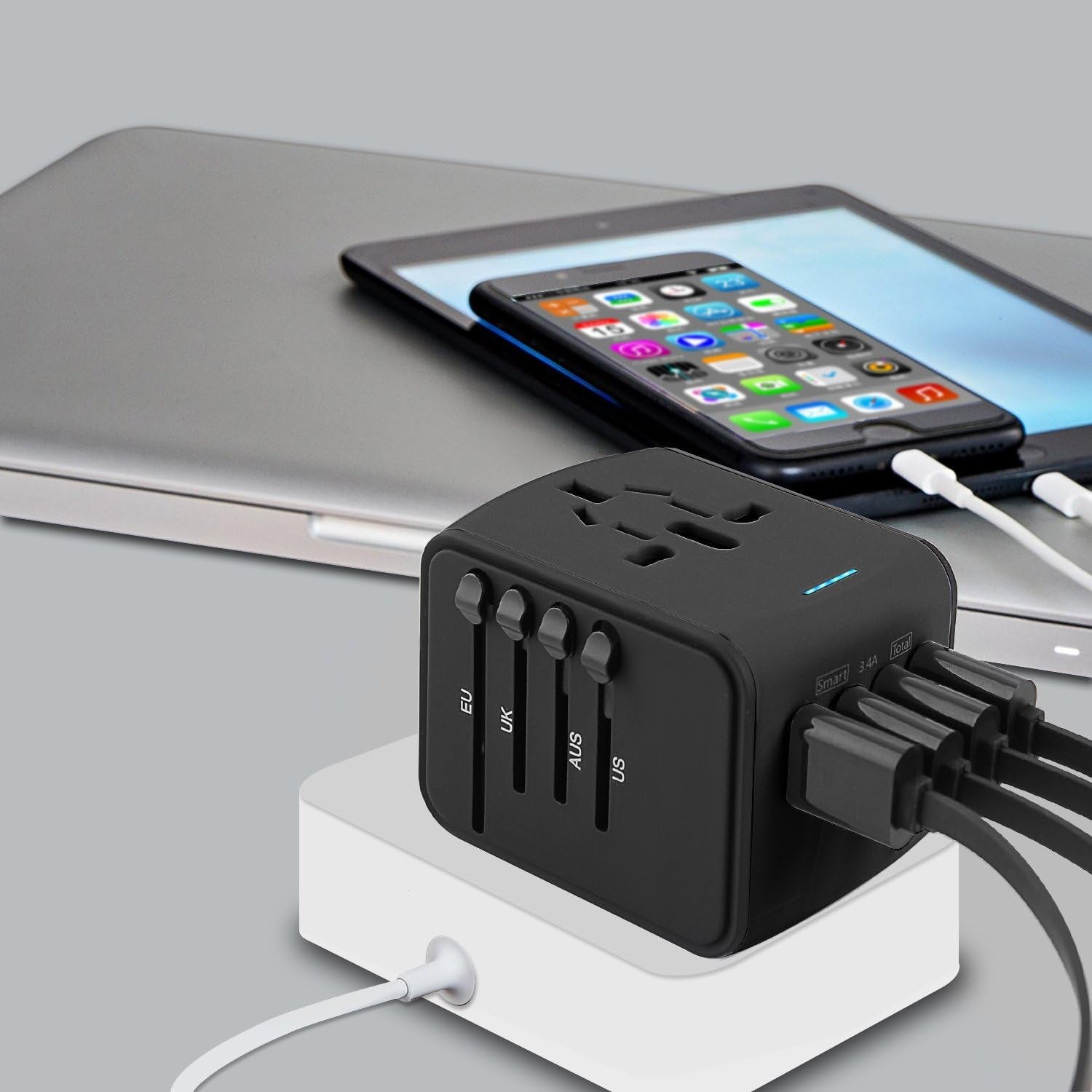 International Travel Adapter Universal Power 4 USB Wall Charger AC Wall Outlet Plugs Converter for US, EU, UK, AU European 160 Countries (Black)