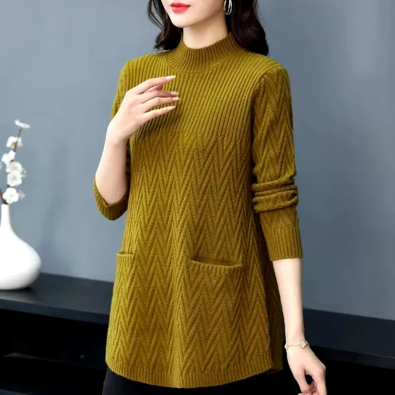 Women'S Sweaters Pullover 2023 New Solid Half High Collar Thick Warm Long Knitted Sweaters Winter Female Tops Bottoming Shirt