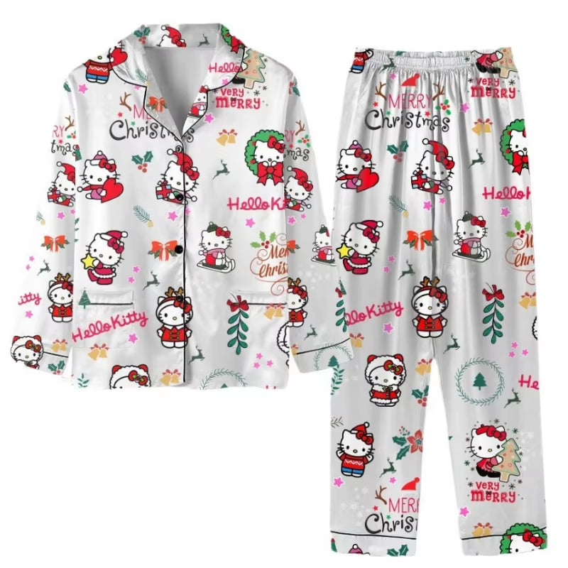 Kawaii Hello Kitty Christmas New Trendy Brand Spring and Autumn Pajamas Long Sleeve Unisex Loose Home Clothes Long Pants Set