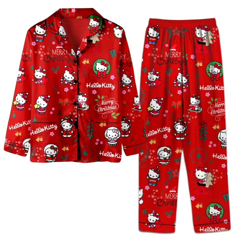 Kawaii Hello Kitty Christmas New Trendy Brand Spring and Autumn Pajamas Long Sleeve Unisex Loose Home Clothes Long Pants Set