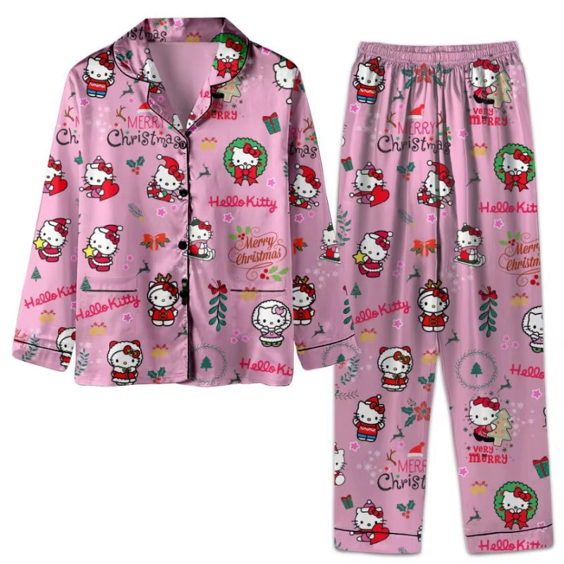 Kawaii Hello Kitty Christmas New Trendy Brand Spring and Autumn Pajamas Long Sleeve Unisex Loose Home Clothes Long Pants Set