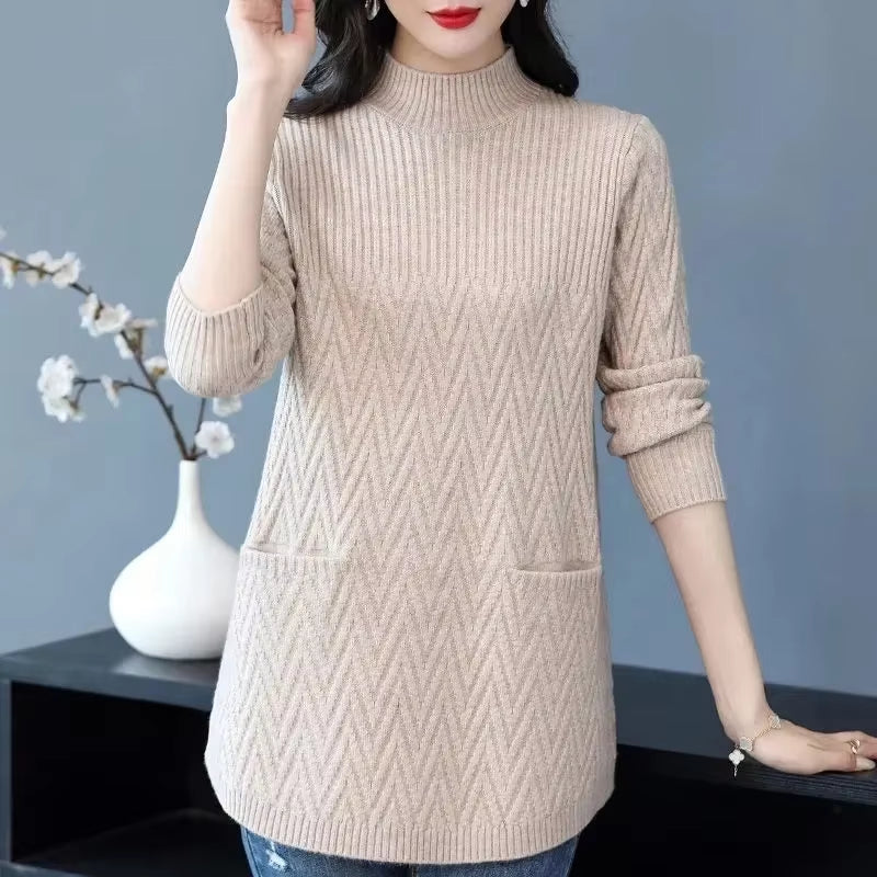 Women'S Sweaters Pullover 2023 New Solid Half High Collar Thick Warm Long Knitted Sweaters Winter Female Tops Bottoming Shirt