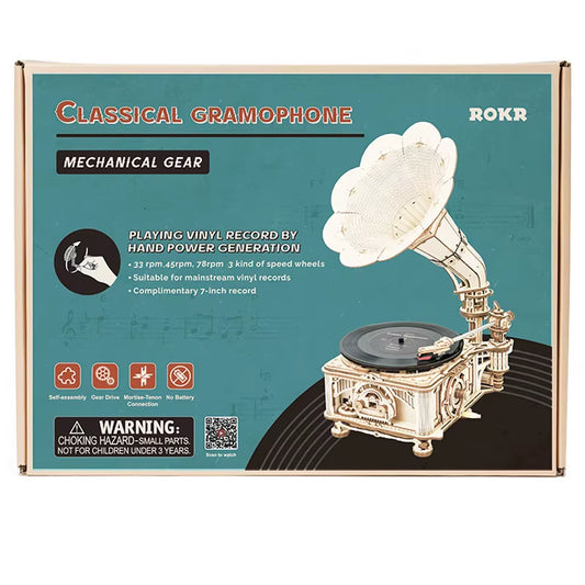 Hand Crank Classic Gramophone with Music 1:1 424Pcs Wooden Model Building Kits Gift for Children Adult LKB01 Home Decor