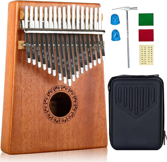 Kalimba 17 Keys Thumb Piano with Hard Case Study Instruction and Tune Hammer, Portable Mbira Sanza African Wood Finger Piano, Gift for Kids Adult Beginners Professional (Brown with Hard Case)