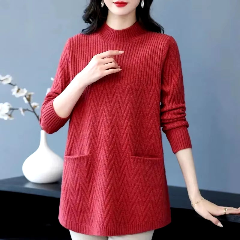 Women'S Sweaters Pullover 2023 New Solid Half High Collar Thick Warm Long Knitted Sweaters Winter Female Tops Bottoming Shirt