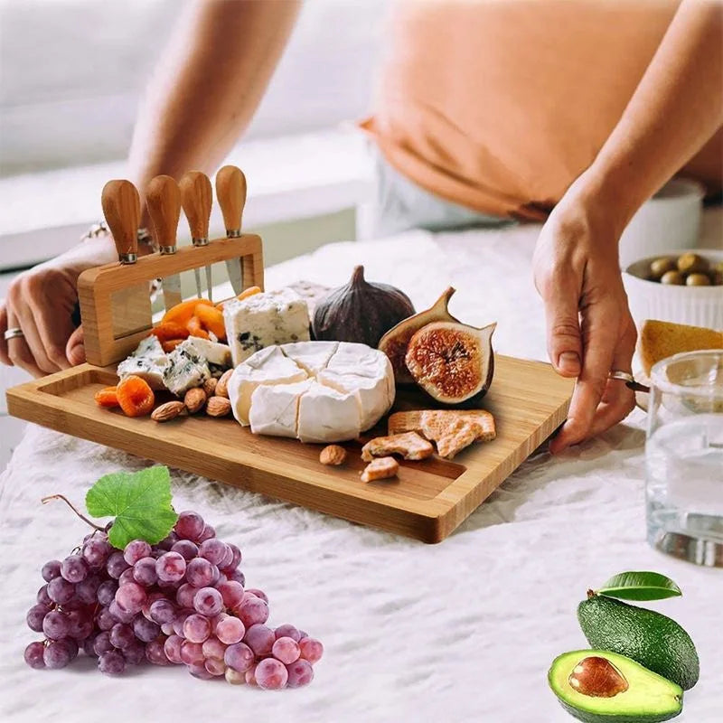 Bamboo Cheese Board Kitchen Bamboo Chopping Bread Cutting Holder 4-Piece Cheese Platter Serving Tray Knife Set Cooking Tools