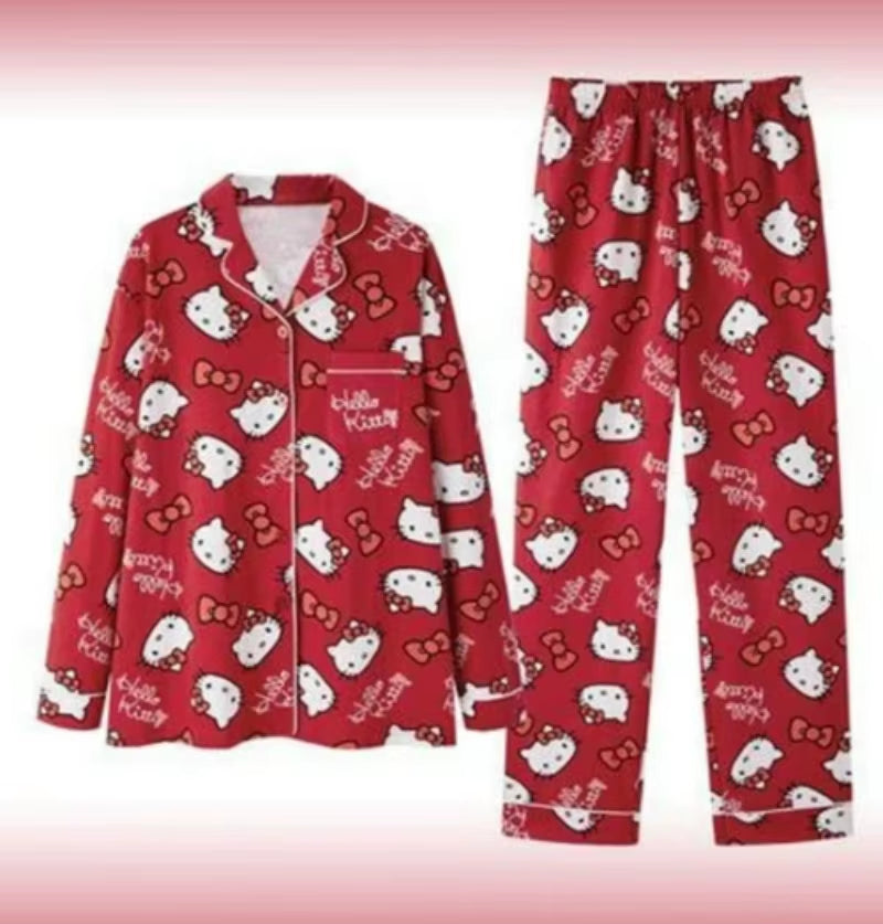 Kawaii Hello Kitty Christmas New Trendy Brand Spring and Autumn Pajamas Long Sleeve Unisex Loose Home Clothes Long Pants Set