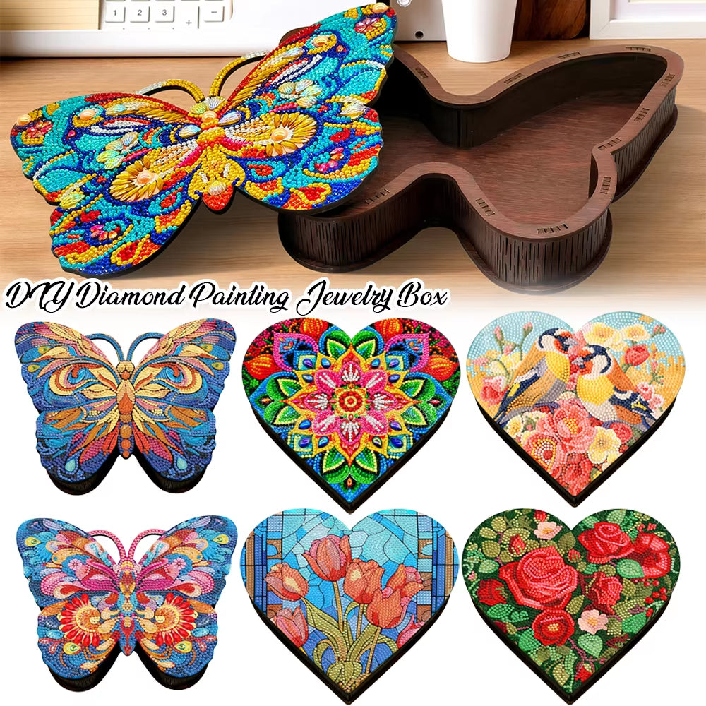 Wood DIY Diamond Painting Jewelry Box Kit Mandala Diamond Mosaic Embroidery DIY Jewelry Storage Box Flower Bird for Adults Kids