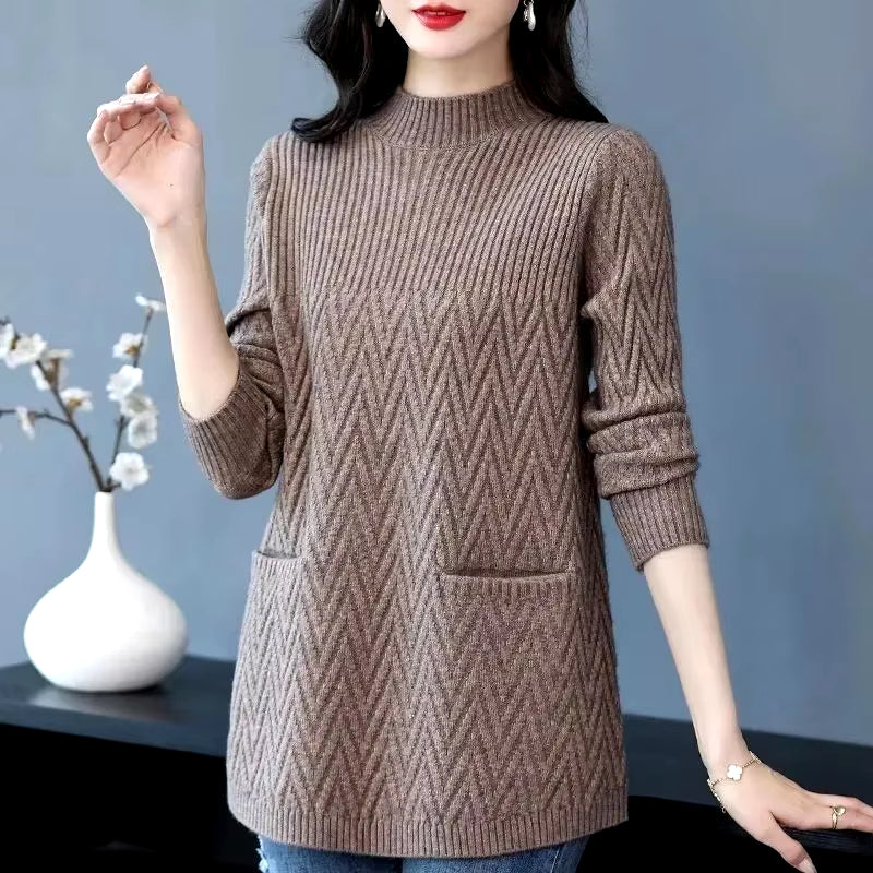 Women'S Sweaters Pullover 2023 New Solid Half High Collar Thick Warm Long Knitted Sweaters Winter Female Tops Bottoming Shirt