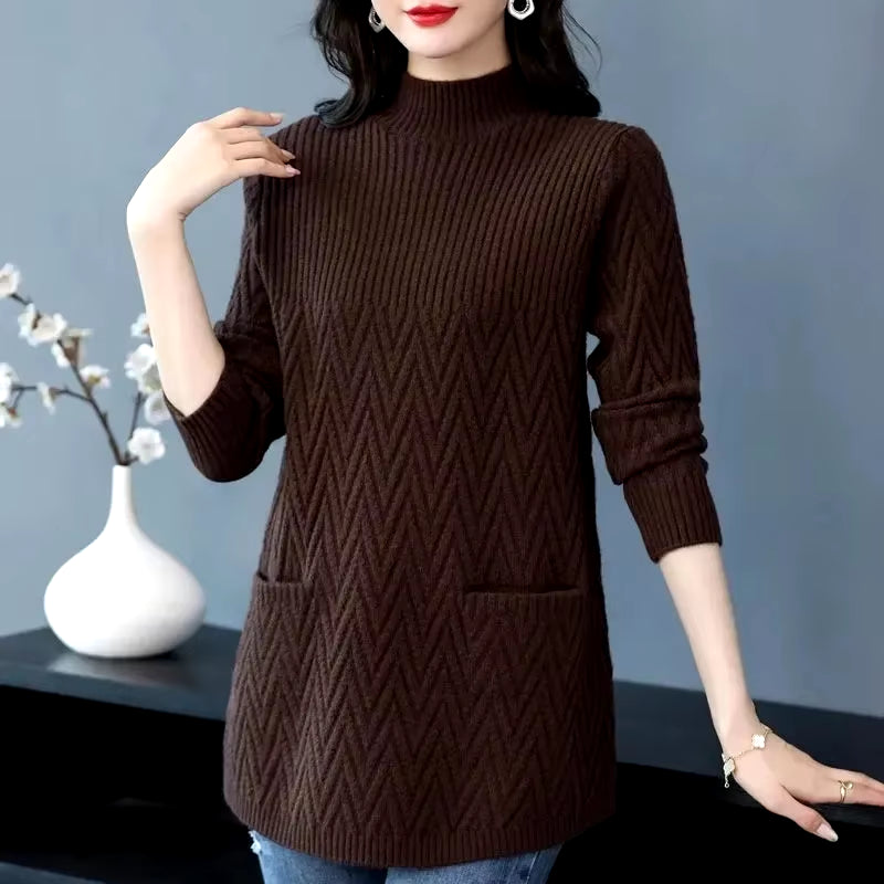 Women'S Sweaters Pullover 2023 New Solid Half High Collar Thick Warm Long Knitted Sweaters Winter Female Tops Bottoming Shirt