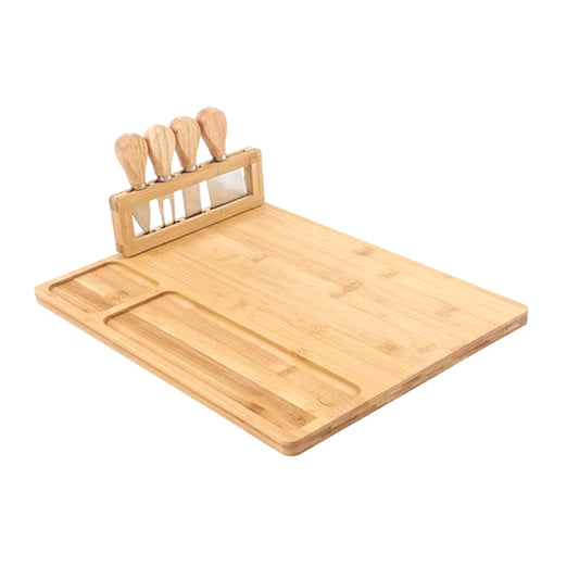 Bamboo Cheese Board Kitchen Bamboo Chopping Bread Cutting Holder 4-Piece Cheese Platter Serving Tray Knife Set Cooking Tools