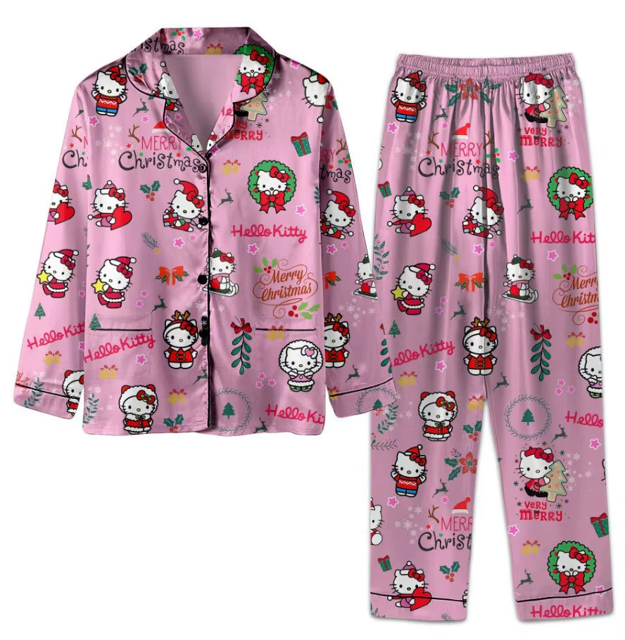 Kawaii Hello Kitty Christmas New Trendy Brand Spring and Autumn Pajamas Long Sleeve Unisex Loose Home Clothes Long Pants Set